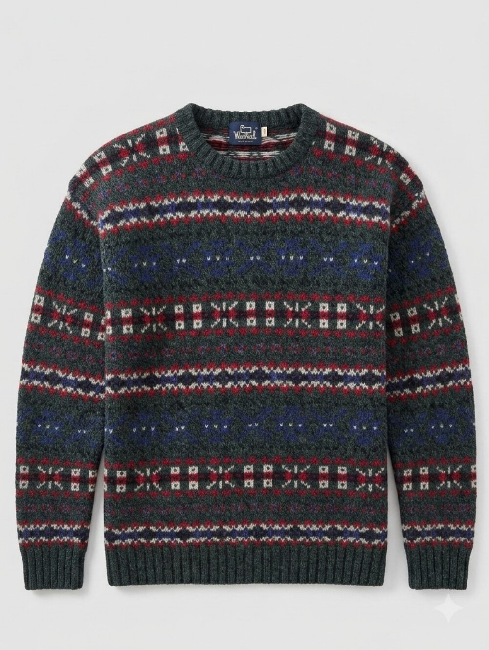 Vtg Woolrich Fair Isle Wool Sweater Men's XL Dark Green Red Blue White
